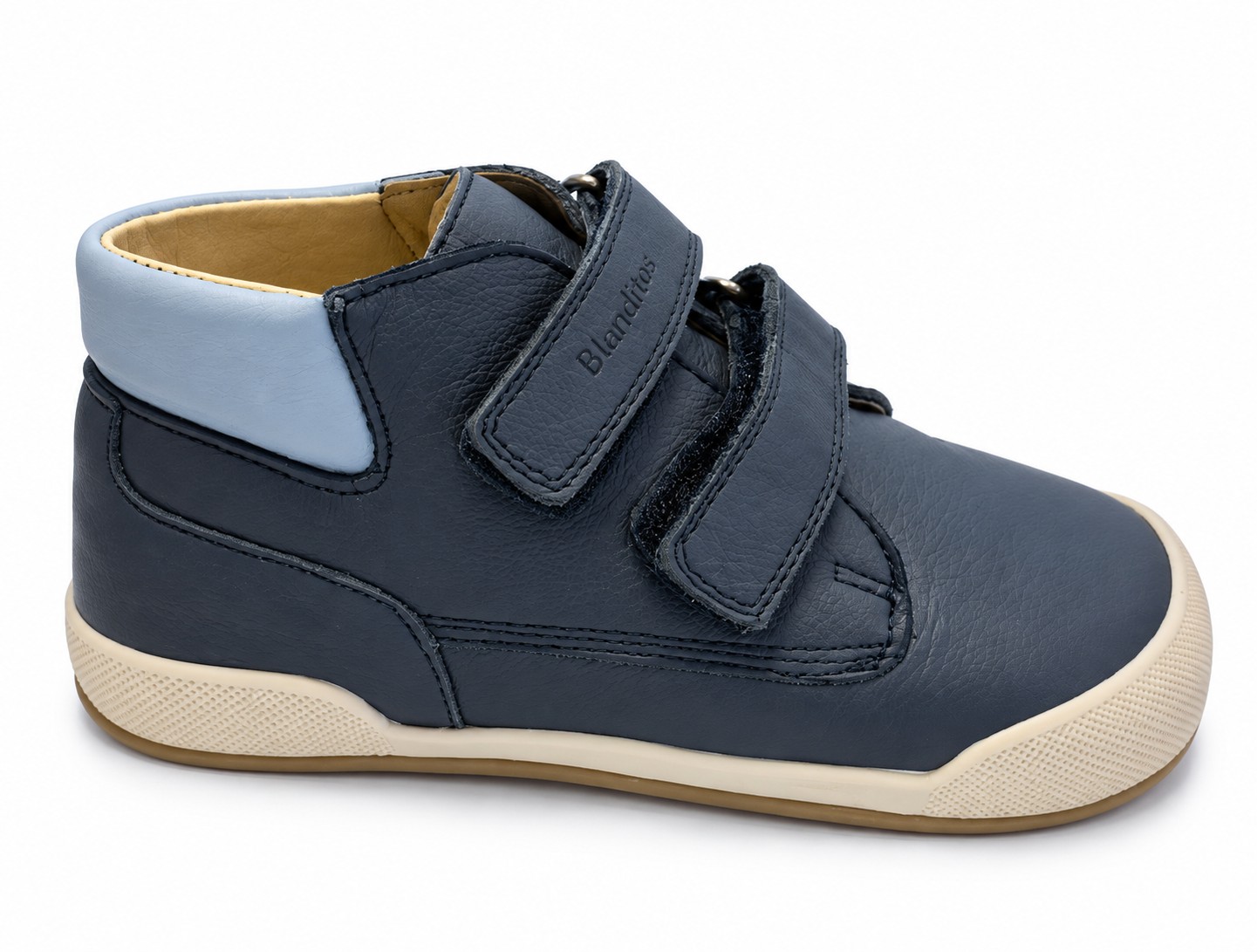 Deportiva barefoot bebé niño niña alta beige azul piel doble velcro Blanditos puntera ancha reforzada suela ultraflexible goma marrón claro zero drop antideslizante Crio's Hecho en España primeros pasos