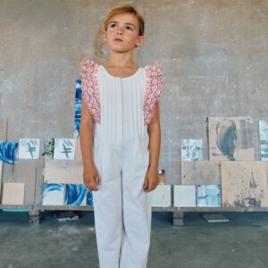 Mono de algodón de pierna ancha con volantes para niña, blanco/rosa