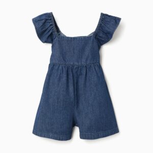 Mono corto vaquero con mangas con volantes para niña, azul oscuro