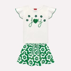 Conjunto nina camiseta blanca joy lentejuelas verdes falda estampado flores verde volantes