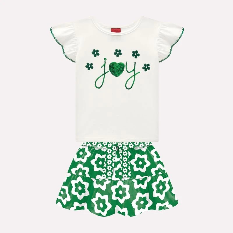 Conjunto nina camiseta blanca joy lentejuelas verdes falda estampado flores verde volantes