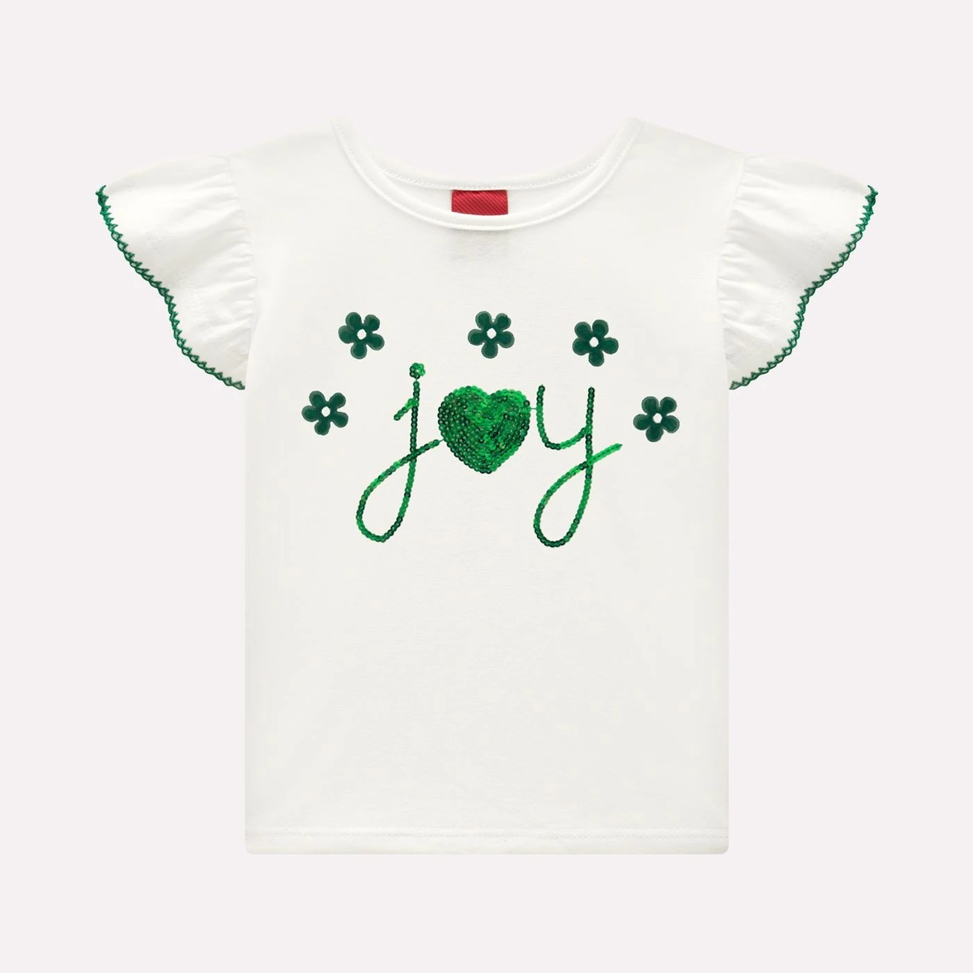 Conjunto nina camiseta blanca joy lentejuelas verdes falda estampado flores verde volantes