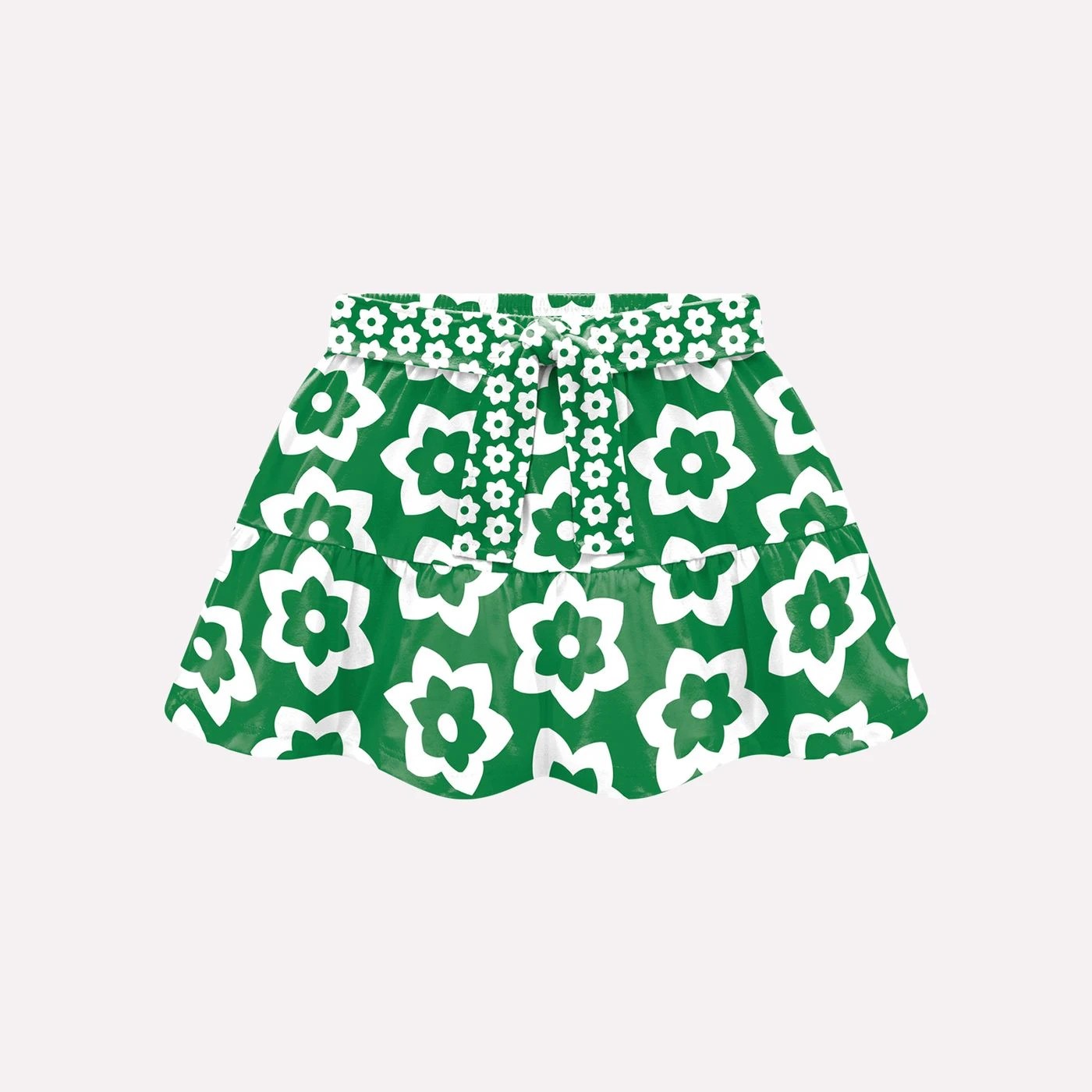 Conjunto nina camiseta blanca joy lentejuelas verdes falda estampado flores verde volantes