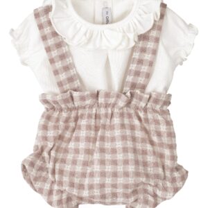 Conjunto bebe nina pololo Egeo cuadros vichy rosa blanco blusa volante Calamaro