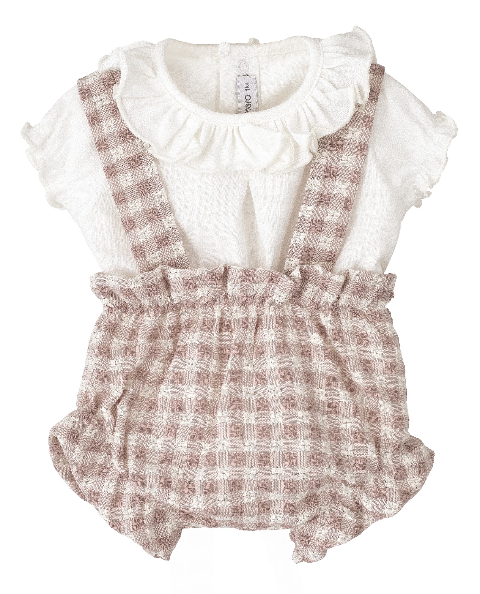 Conjunto bebe nina pololo Egeo cuadros vichy rosa blanco blusa volante Calamaro