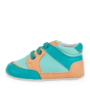 Zapatos bebe nino Tuc Tuc lona turquesa salmon cordones preandante