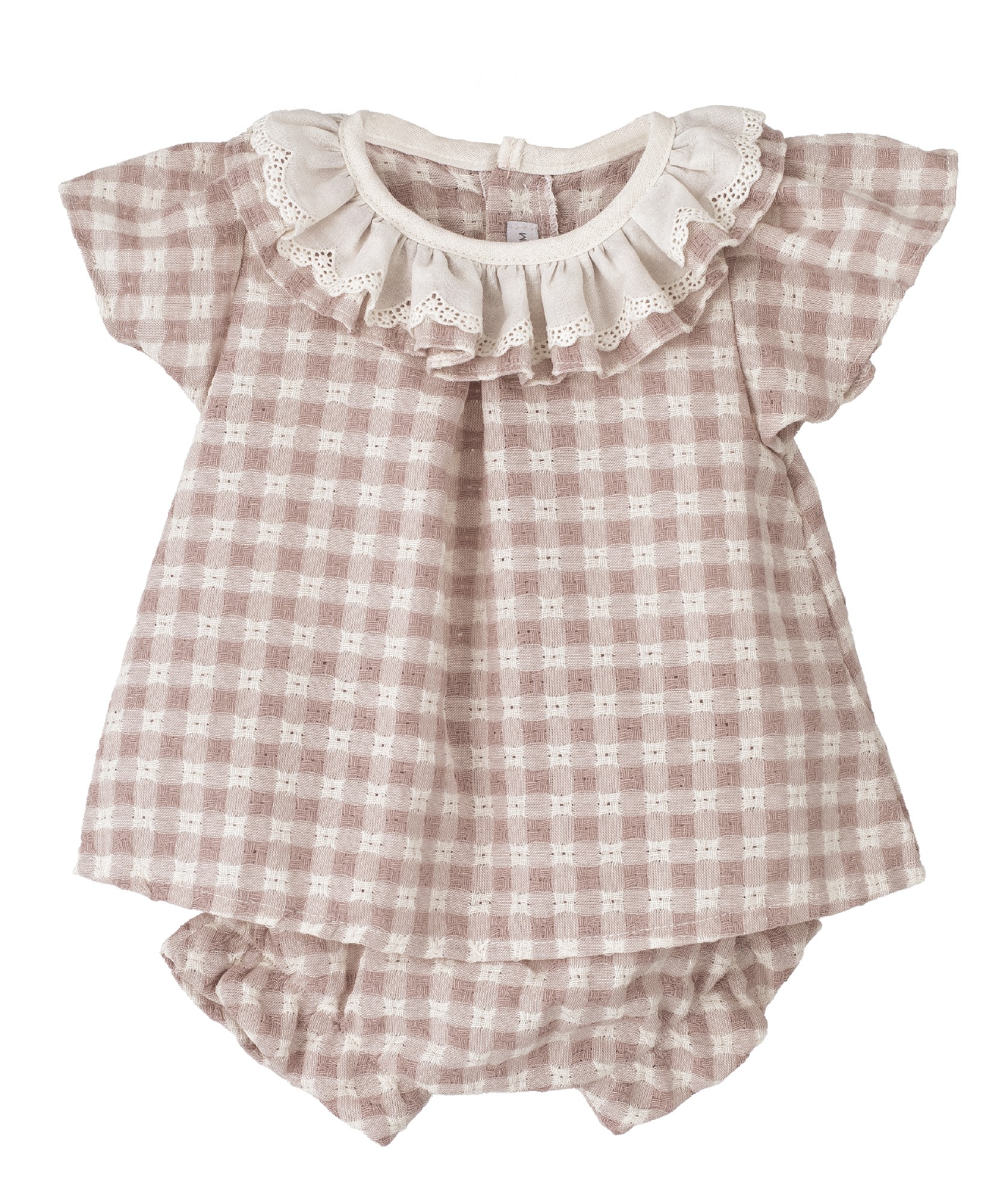 Jesusito bebe nina Calamaro cuadros vichy rosa blanco volante puntilla