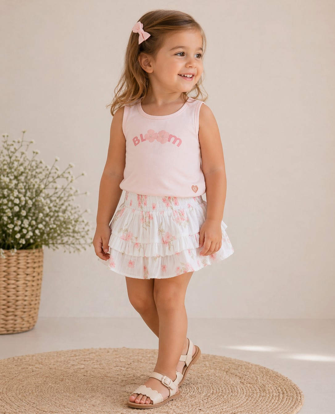 Conjunto bebe nina Canada House camiseta rosa falda volantes flores
