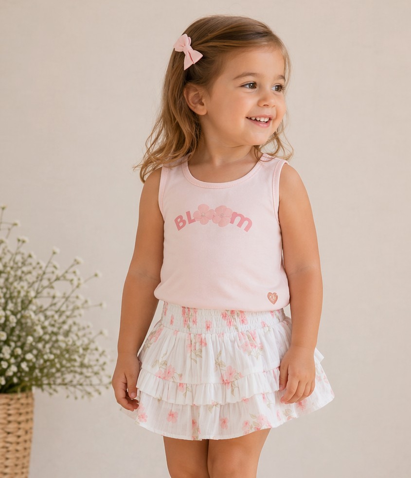 Conjunto bebe nina Canada House camiseta rosa falda volantes flores