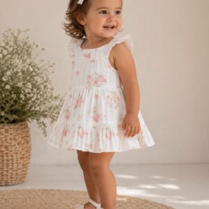 Vestido bebe nina flores rosas braguita volantes muselina