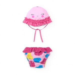 Conjunto bañador bebé niña Tuc Tuc rosa corazones con gorro protección solar