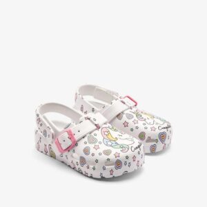 zuecos niña Conguitos unicornio blanco corazones estrellas pastel velcro hebilla rosa
