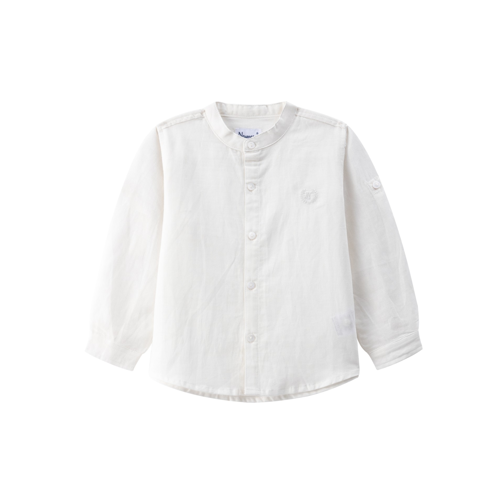 Camisa niño manga larga blanco roto cuello Mao bordado al tono delantero trabilla manga