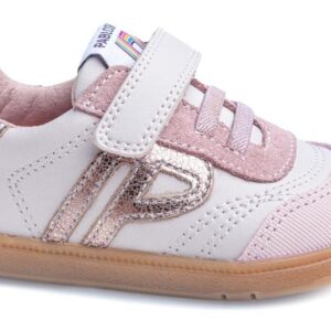 Zapato barefoot nina Pablosky blanco rosa velcro suela flexible plantilla extraible microfibra