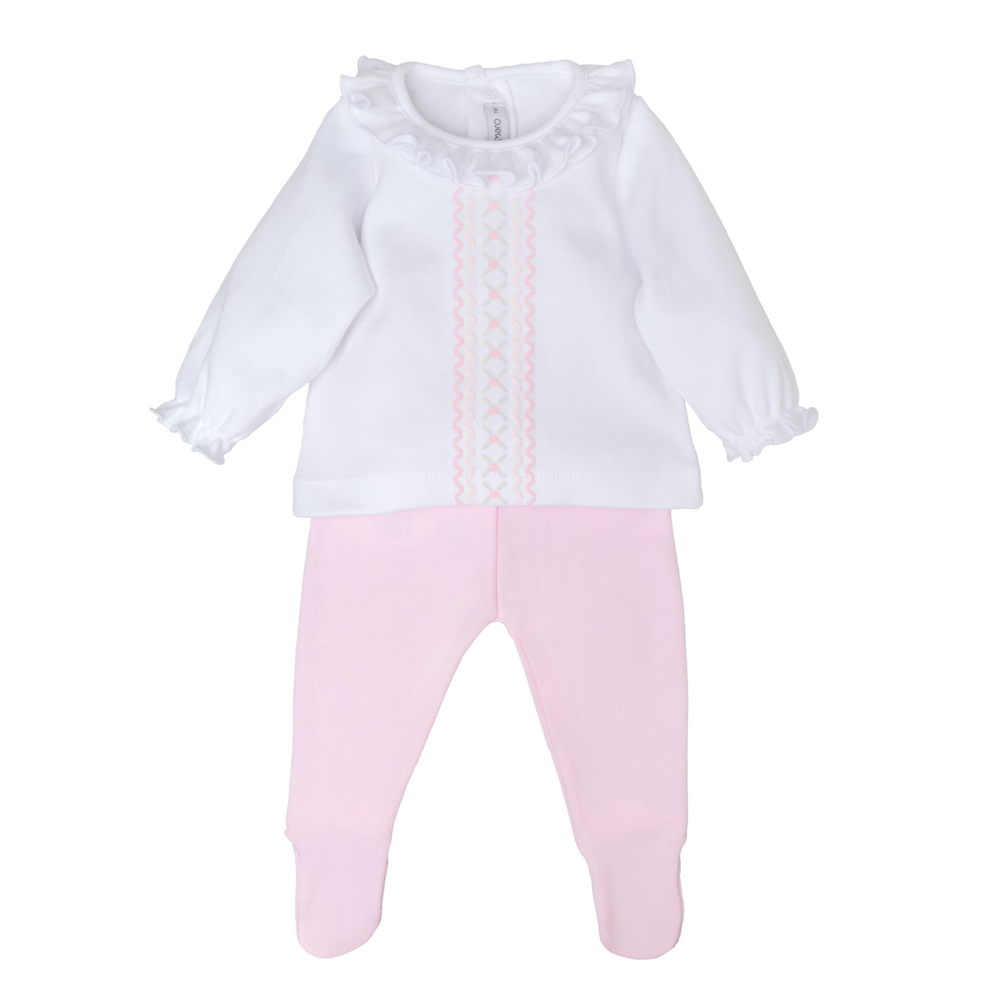 Conjunto bebe nina Calamaro blusa blanca cuello volante smock polaina rosa algodon Conjunto bebe nina Calamaro blusa blanca cuello volante smock polaina rosa algodon