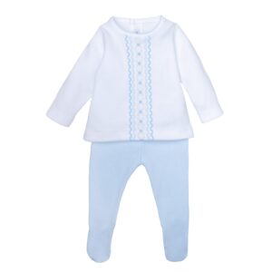 Conjunto bebe nino Calamaro blusa blanca smock polaina azul algodon