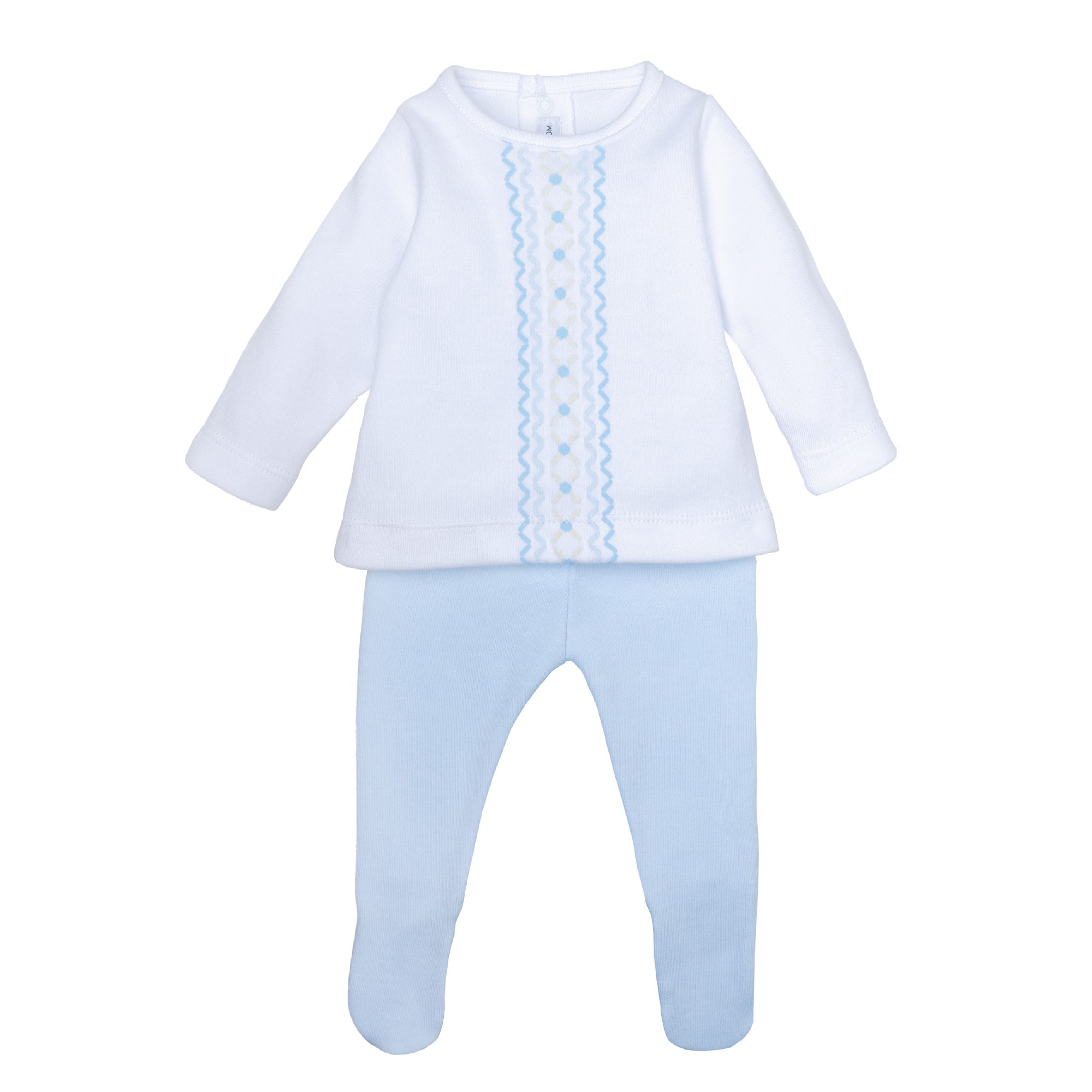 Conjunto bebe nino Calamaro blusa blanca smock polaina azul algodon