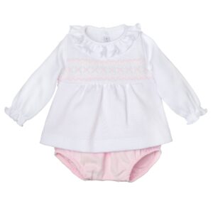 Conjunto bebe nina Calamaro blusa blanca cuello volante smock rosa braguita rosa algodon