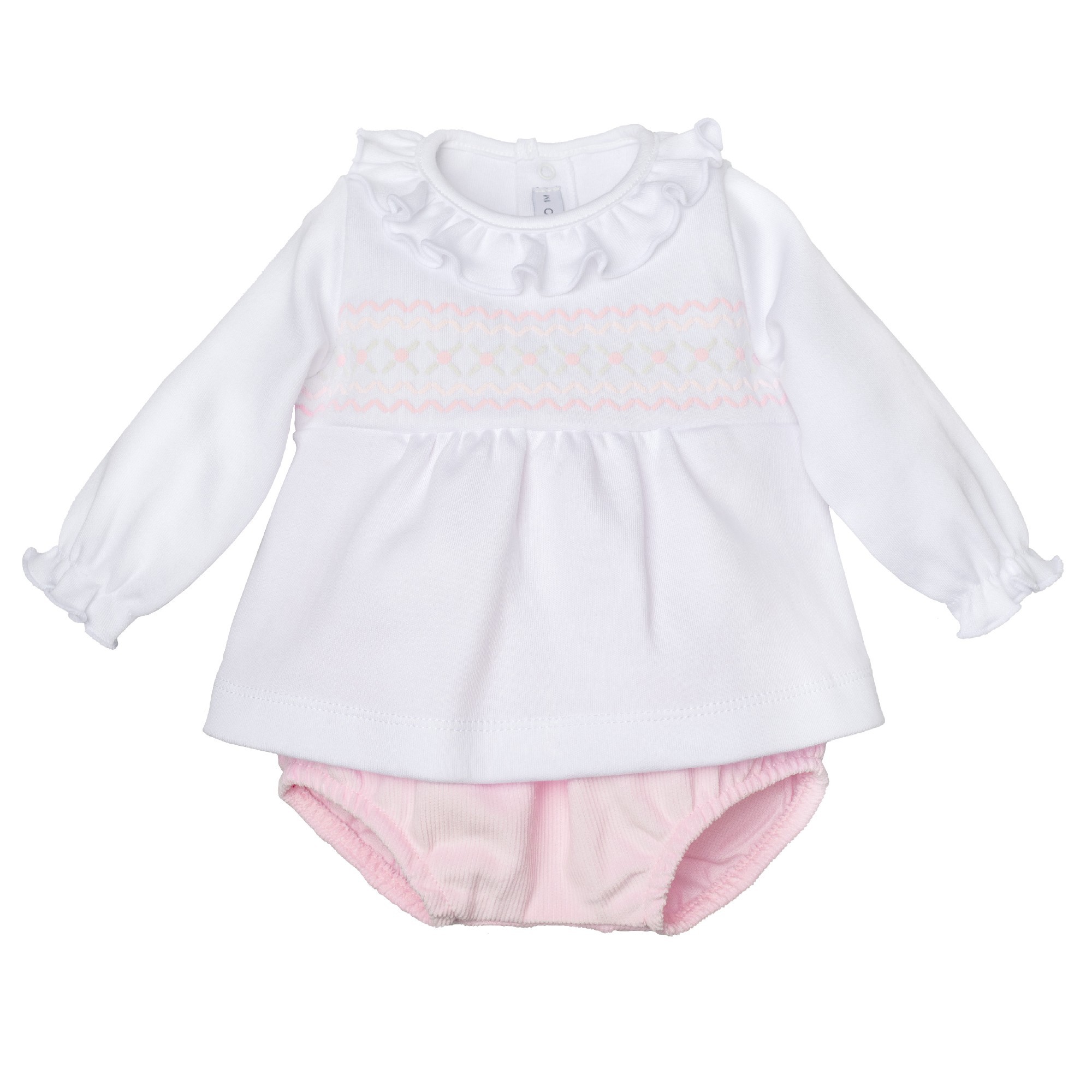 Conjunto bebe nina Calamaro blusa blanca cuello volante smock rosa braguita rosa algodon
