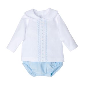 Conjunto bebe nino Calamaro blusa blanca cuello volante smock azul braguita azul algodon