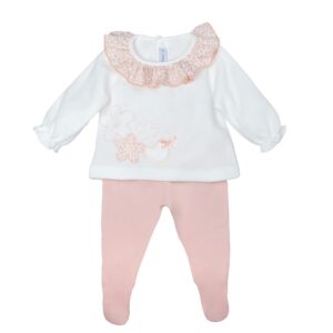 Conjunto bebe nina Calamaro blusa blanca cuello volante flores bordado polaina rosa algodon