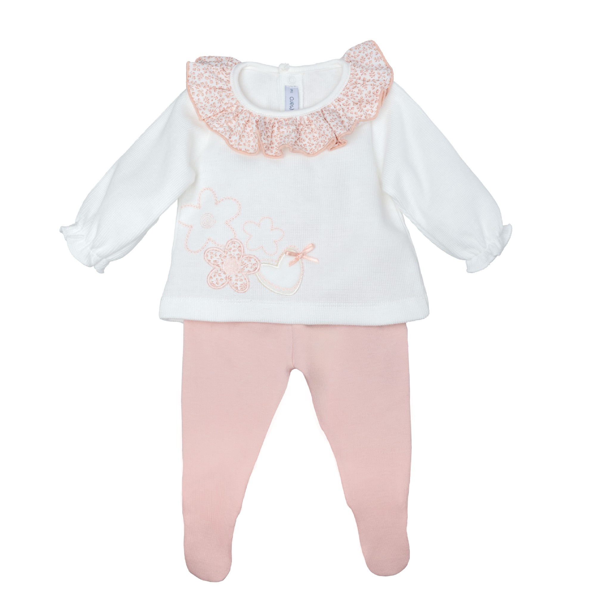 Conjunto bebe nina Calamaro blusa blanca cuello volante flores bordado polaina rosa algodon