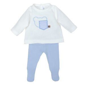 Conjunto bebe nino Calamaro blusa blanca osito bordado bolsillo polaina azul algodon