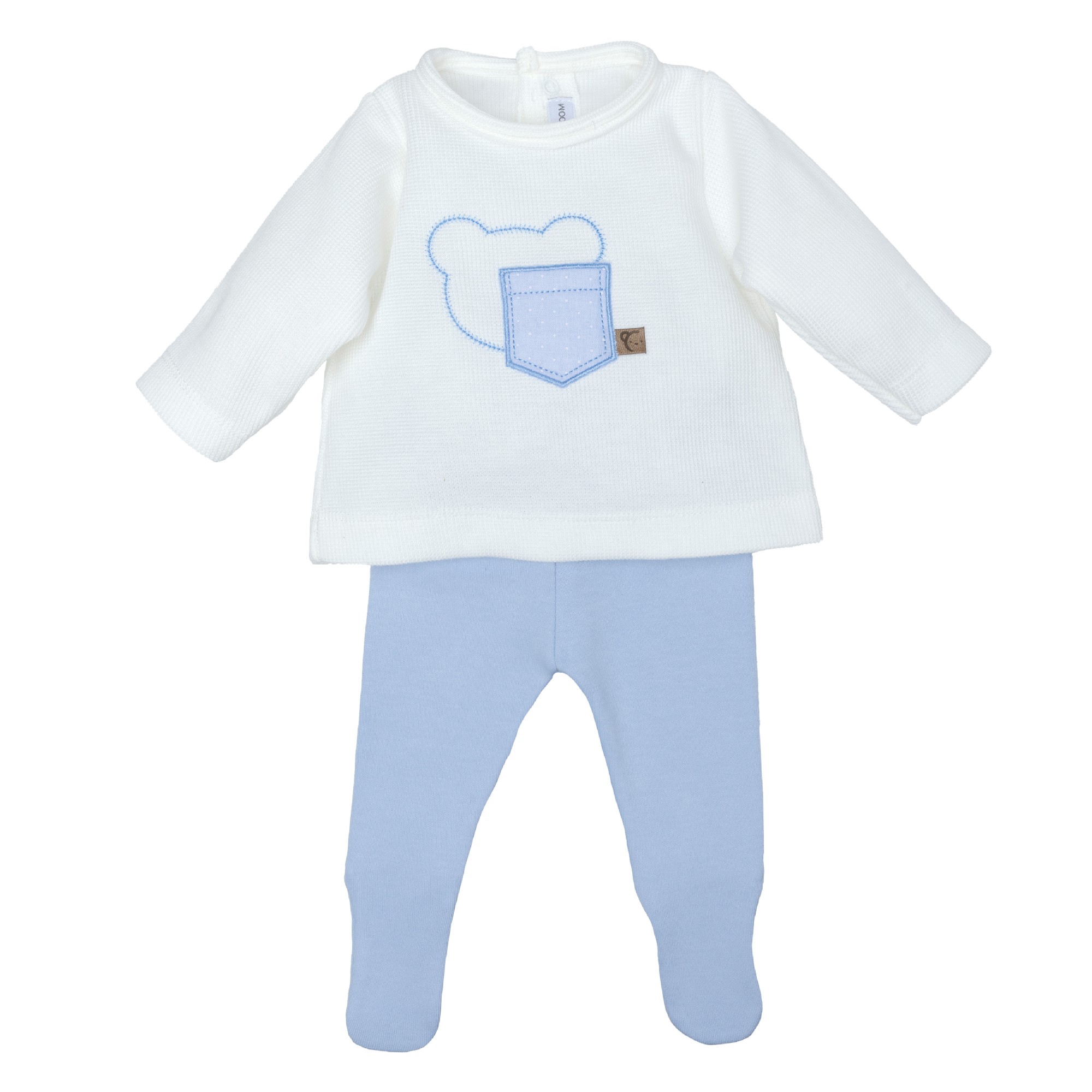 Conjunto bebe nino Calamaro blusa blanca osito bordado bolsillo polaina azul algodon