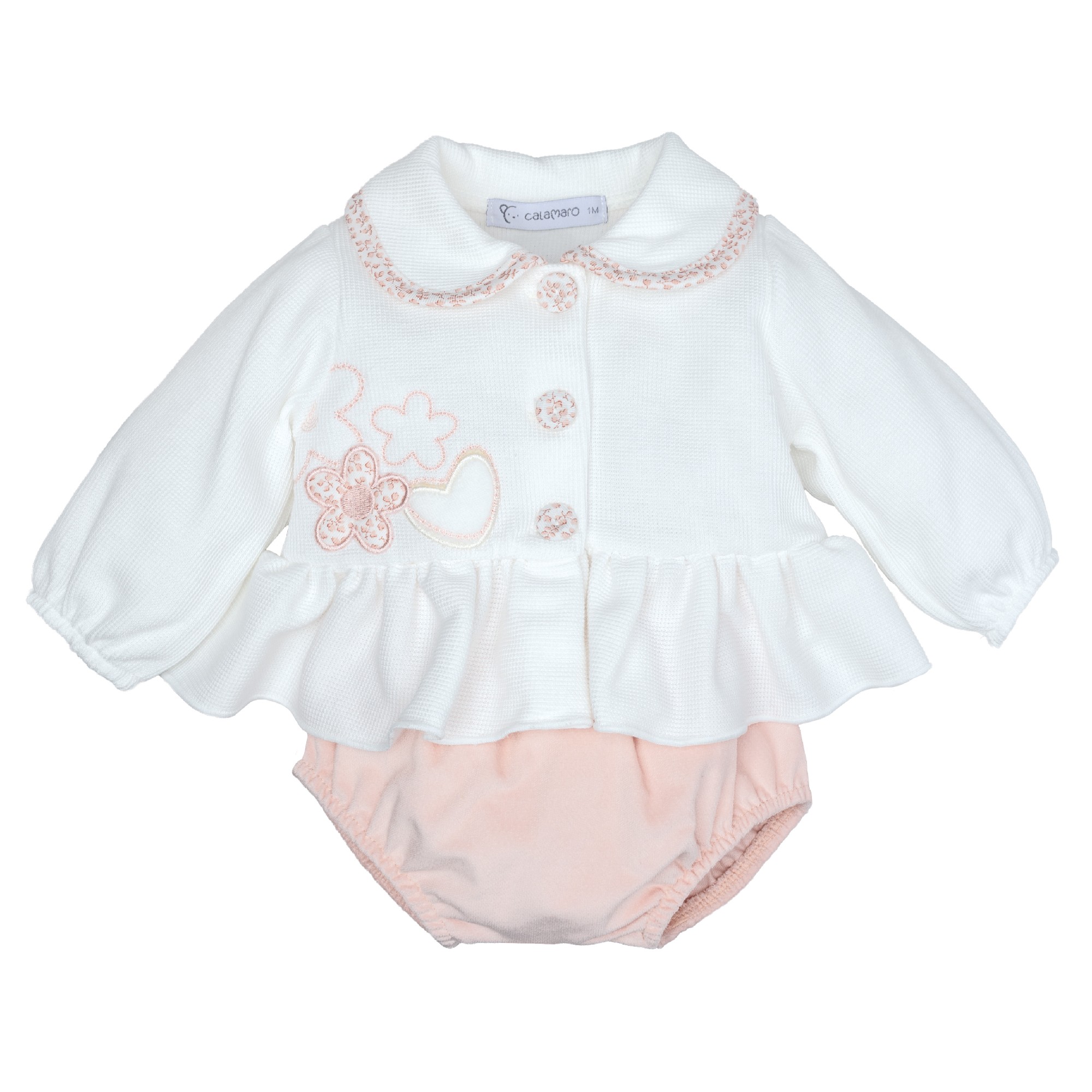 Conjunto bebe nina Calamaro chaqueta blanca punto cuello volante bordado flores corazon braguita rosa algodon Conjunto bebe nina Calamaro chaqueta blanca punto cuello volante bordado flores corazon braguita rosa algodon