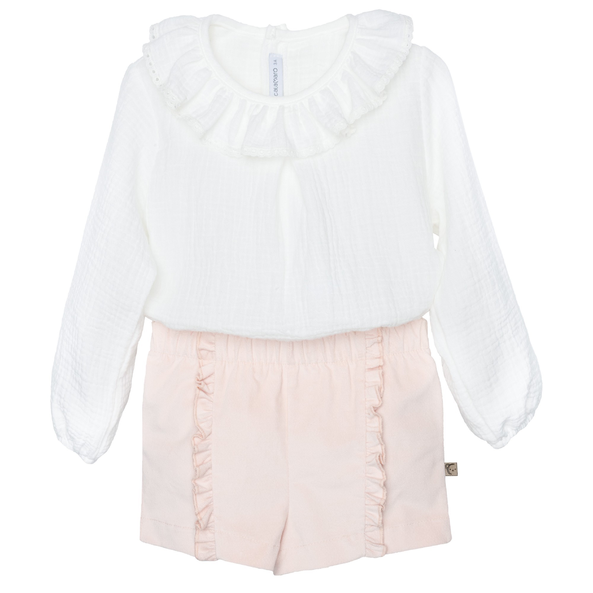 11362_1 Conjunto nina Calamaro blusa blanca cuello volante plumeti short rosa volantes algodon invierno