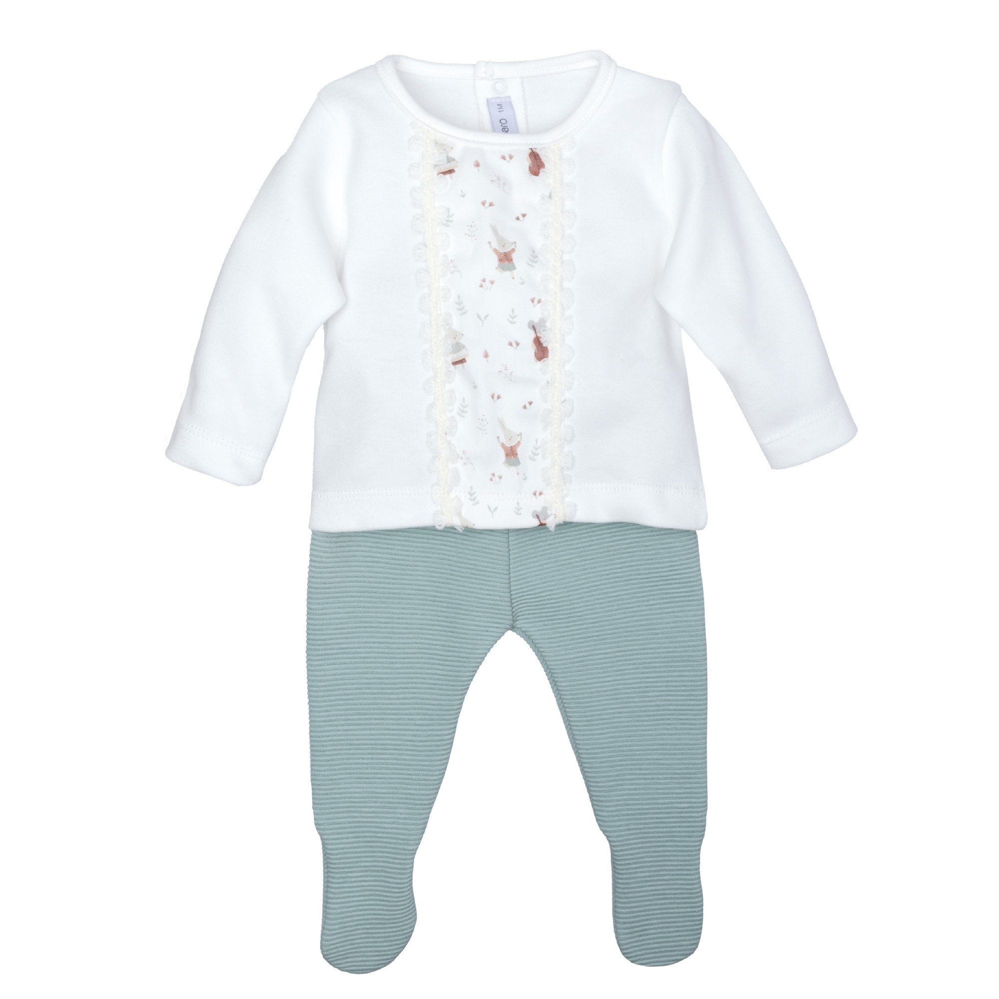 Conjunto bebe Calamaro blusa blanca conejitos puntilla polaina verde agua algodon