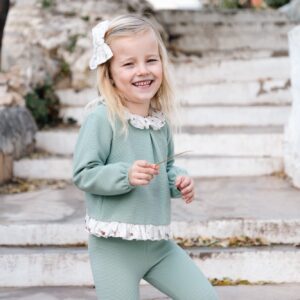 Conjunto nina Calamaro blusa legging canale verde menta cuello volante estampado animalitos 12-36 meses