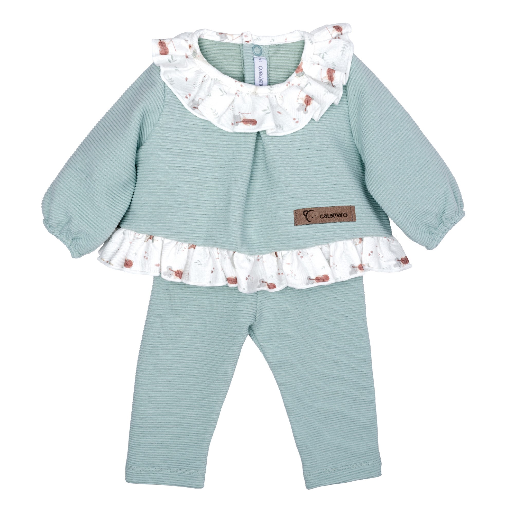 Conjunto nina Calamaro blusa legging canale verde menta cuello volante estampado animalitos 12-36 meses Conjunto nina Calamaro blusa legging canale verde menta cuello volante estampado animalitos 12-36 meses