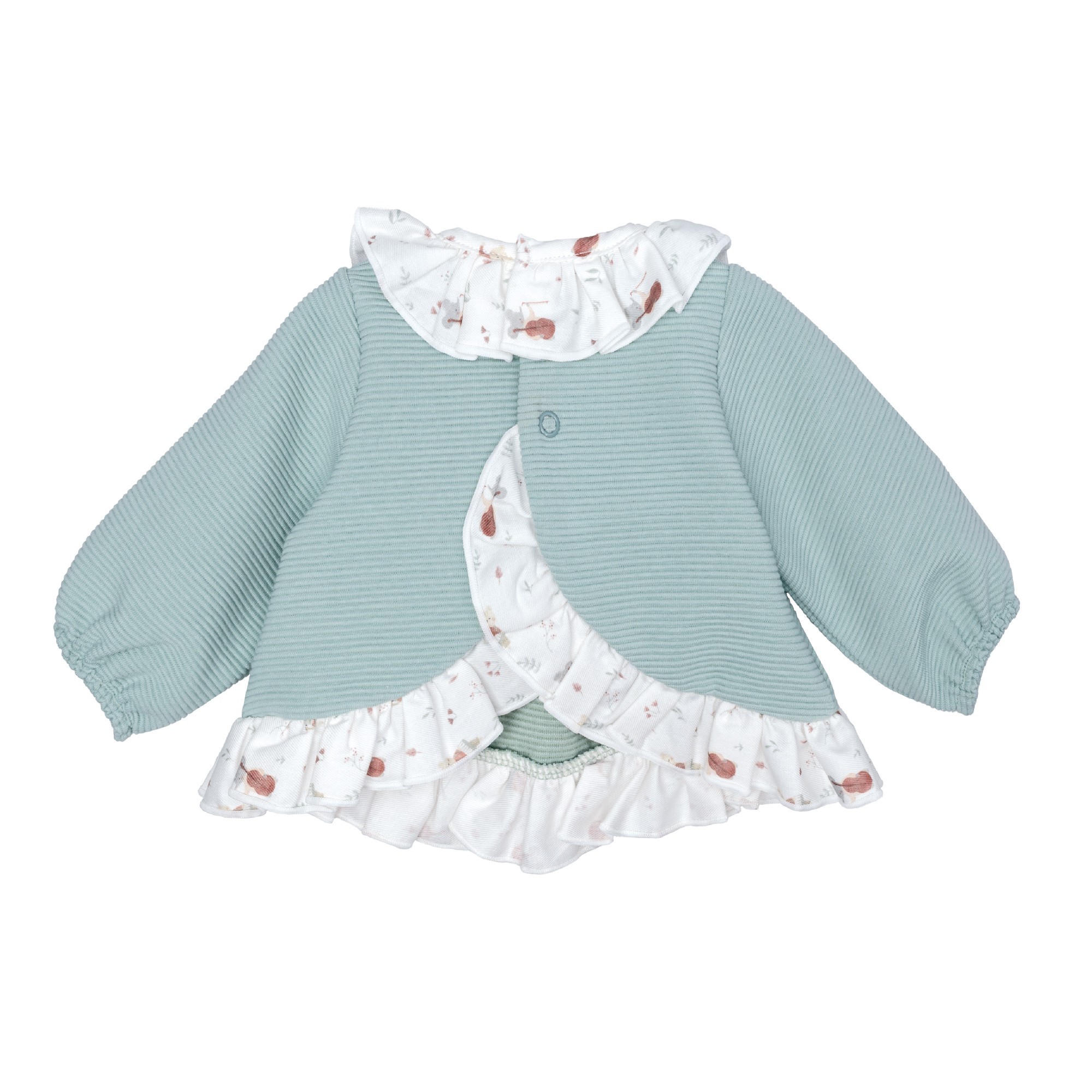 Conjunto nina Calamaro blusa legging canale verde menta cuello volante estampado animalitos 12-36 meses