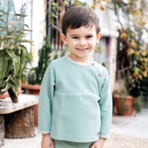 Conjunto nino Calamaro camiseta legging canale verde menta cuello redondo ribete cuadros vichy botones madera 12-36 meses