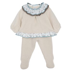Conjunto polaina bebe Calamaro Borden punto crudo blusa flores azul marron ribete azul claro