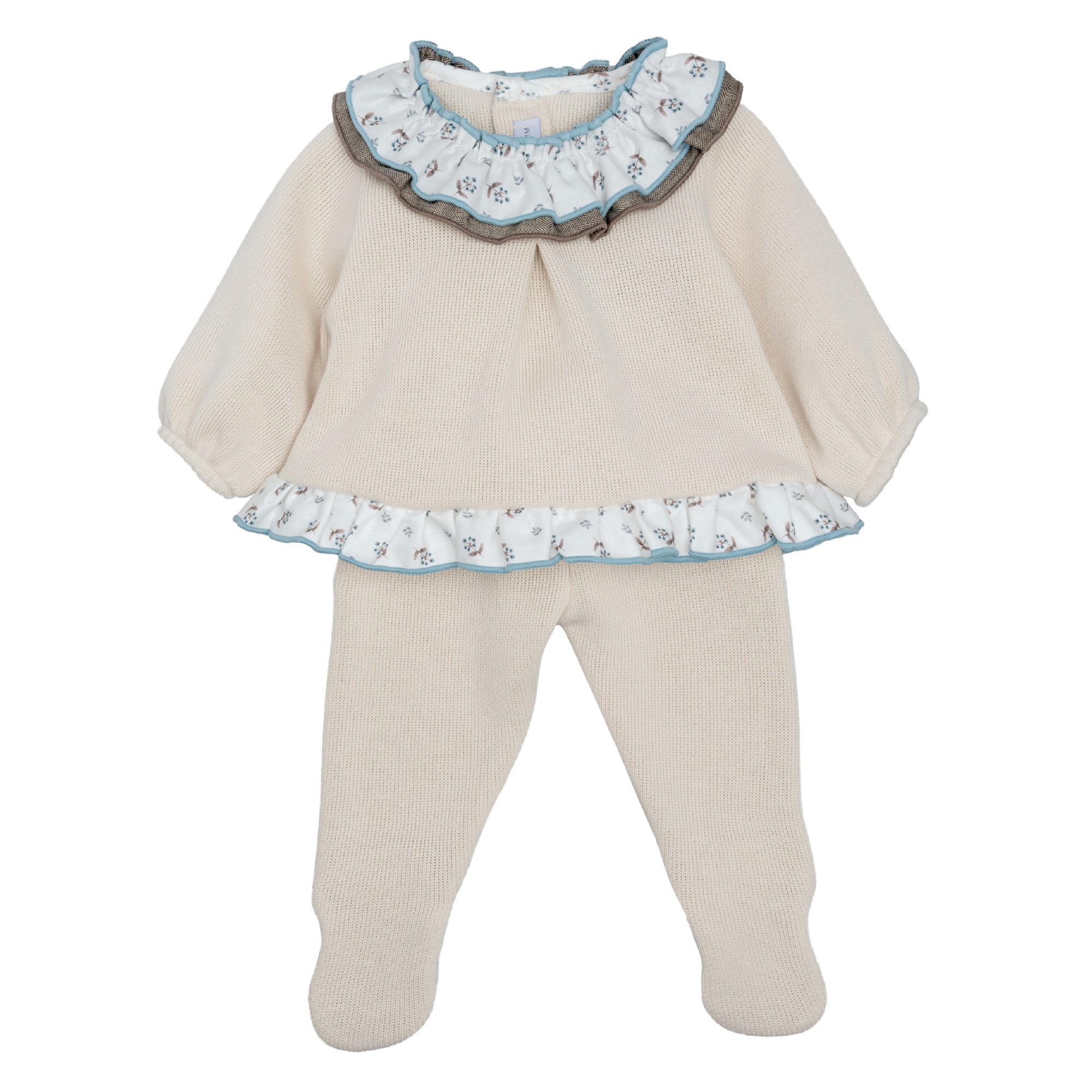 Conjunto polaina bebe Calamaro Borden punto crudo blusa flores azul marron ribete azul claro