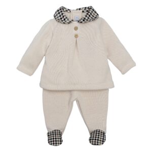 Conjunto polaina bebe Calamaro Borden punto crudo cuello bebe cuadros vichy marron blanco pies vichy 1 mes
