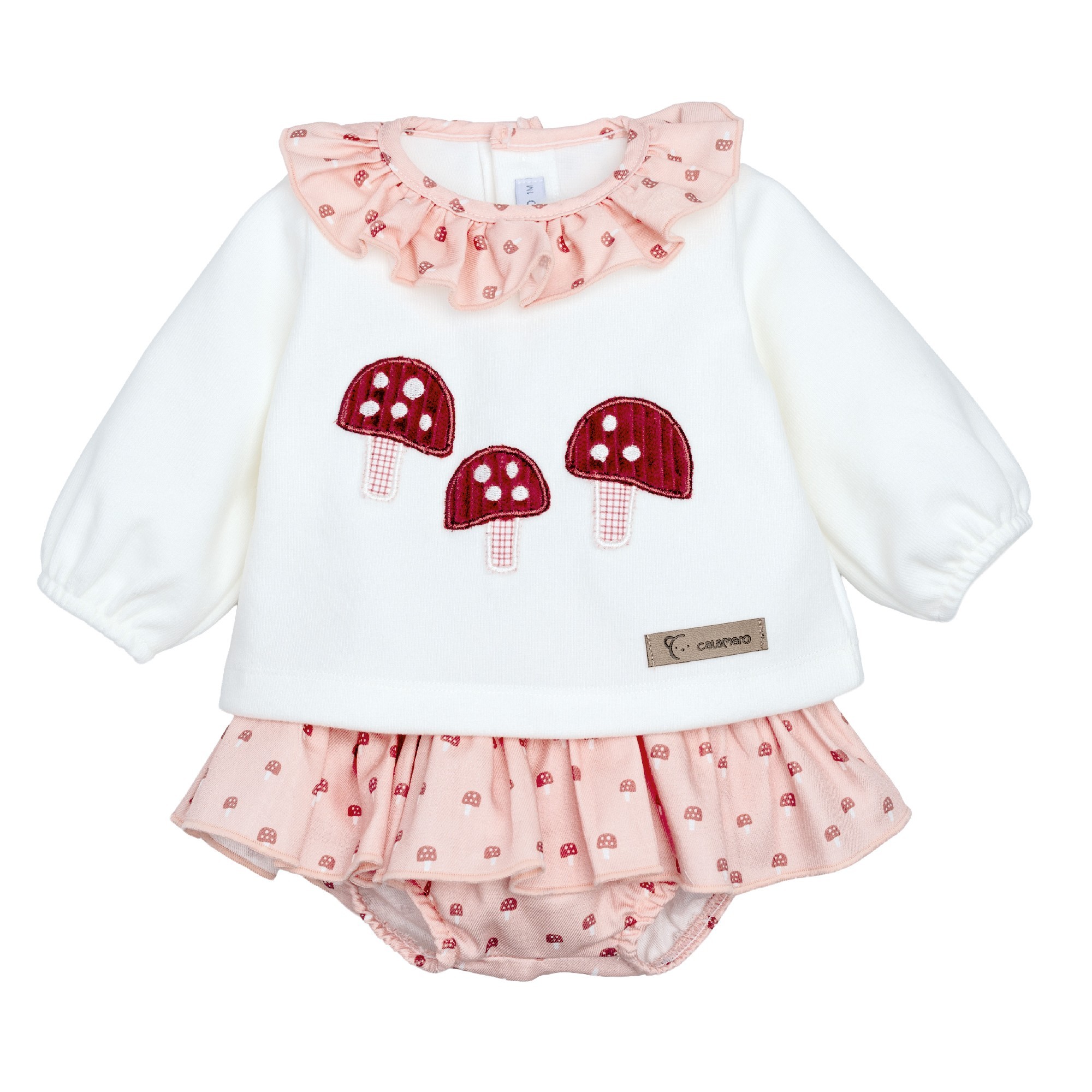 Conjunto bebe Calamaro blusa blanca cuello volante rosa setas bordadas braguita rosa estampado setas algodon 3 meses