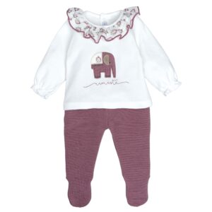 Conjunto polaina bebe Calamaro Meira blusa blanca cuello volante flores granate elefante bordado namaste polaina punto acanalado granate 1 mes