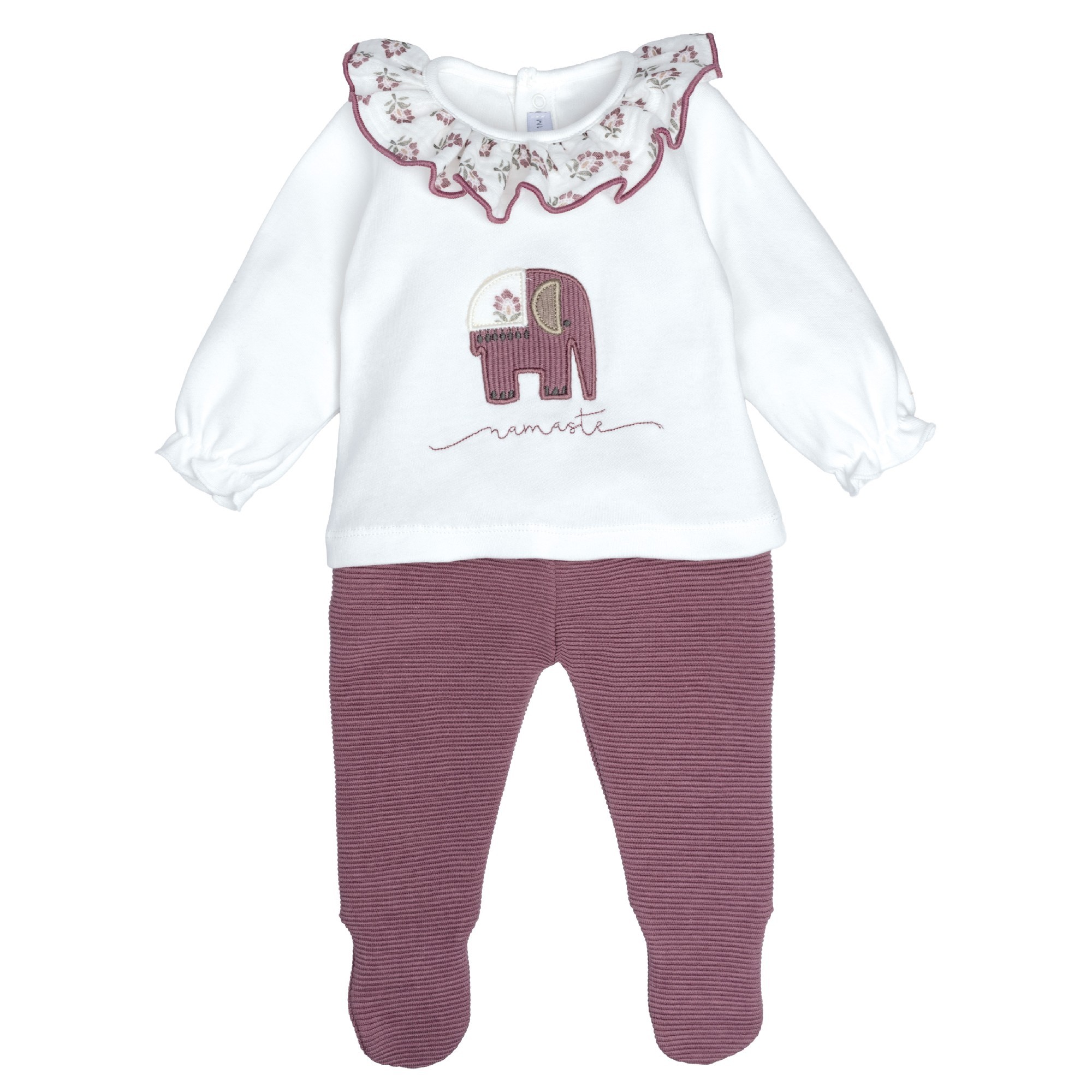 Conjunto polaina bebe Calamaro Meira blusa blanca cuello volante flores granate elefante bordado namaste polaina punto acanalado granate 1 mes