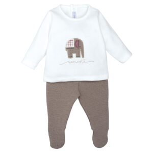 Conjunto polaina bebe Calamaro Meira blusa blanca elefante bordado namaste polaina punto acanalado marron 1 mes