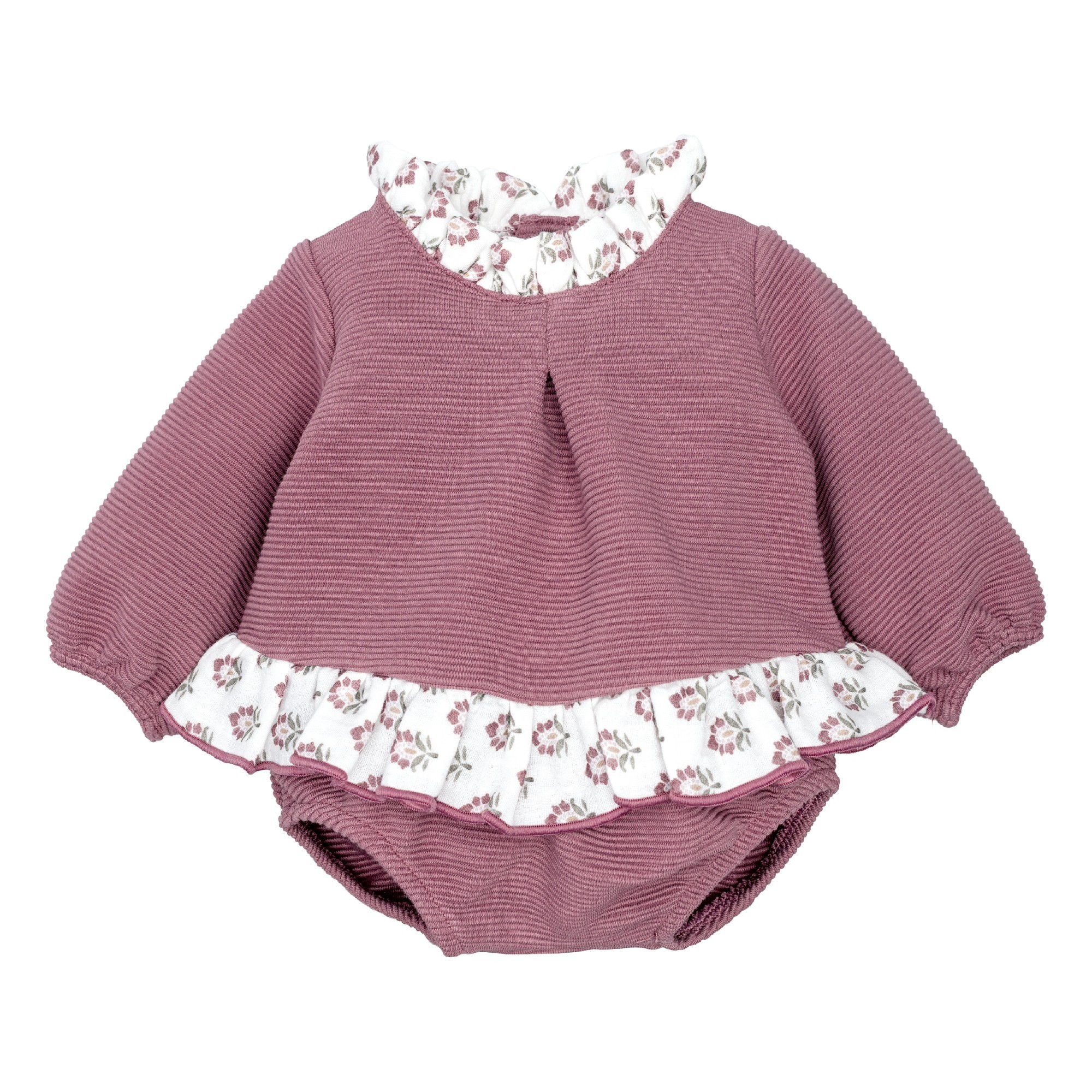 Conjunto pololo bebe Calamaro Meira punto acanalado rosa empolvado blusa cuello volante estampado flores granate blanco pololo 1 mes