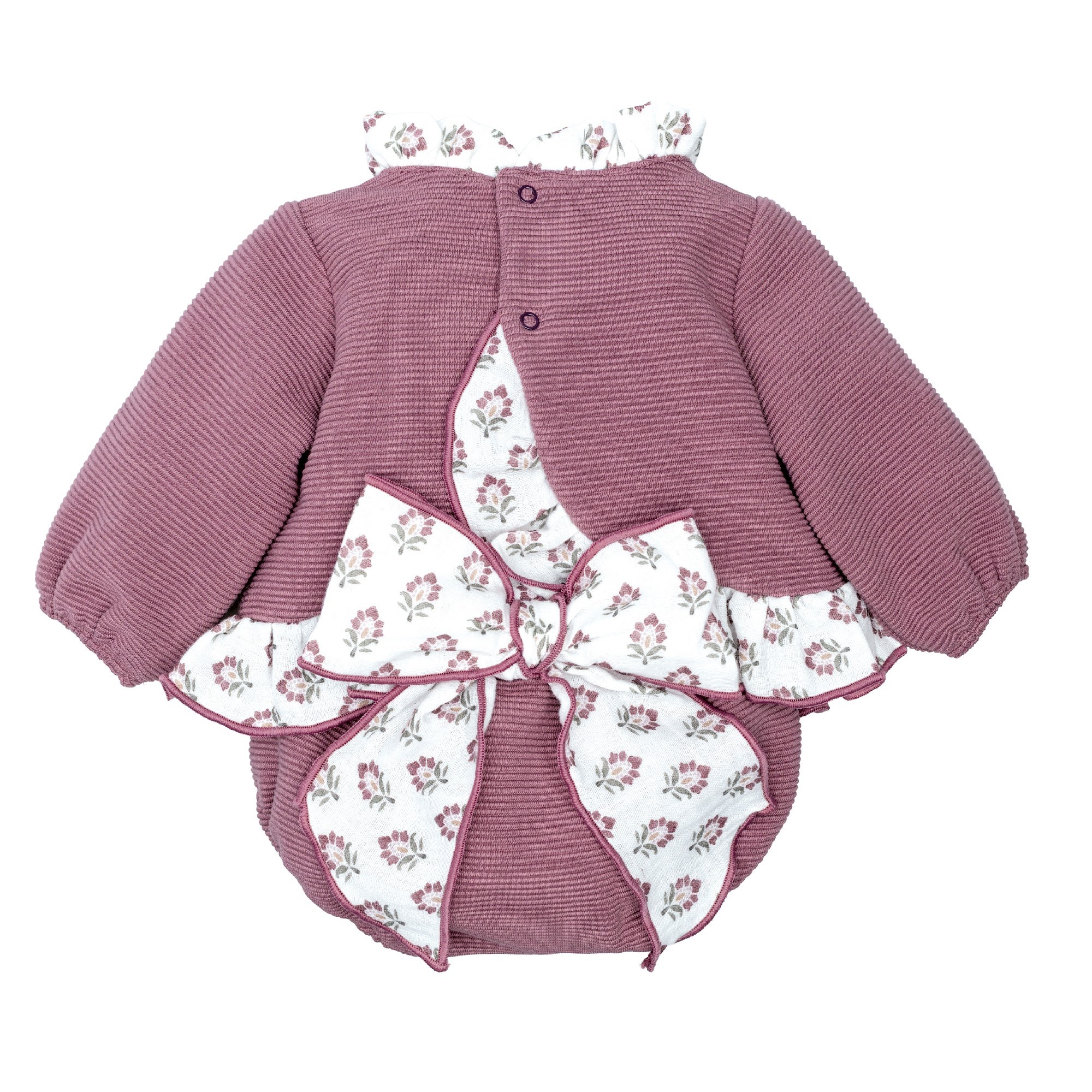 Conjunto pololo bebe Calamaro Meira punto acanalado rosa empolvado blusa cuello volante estampado flores granate blanco pololo 1 mes
