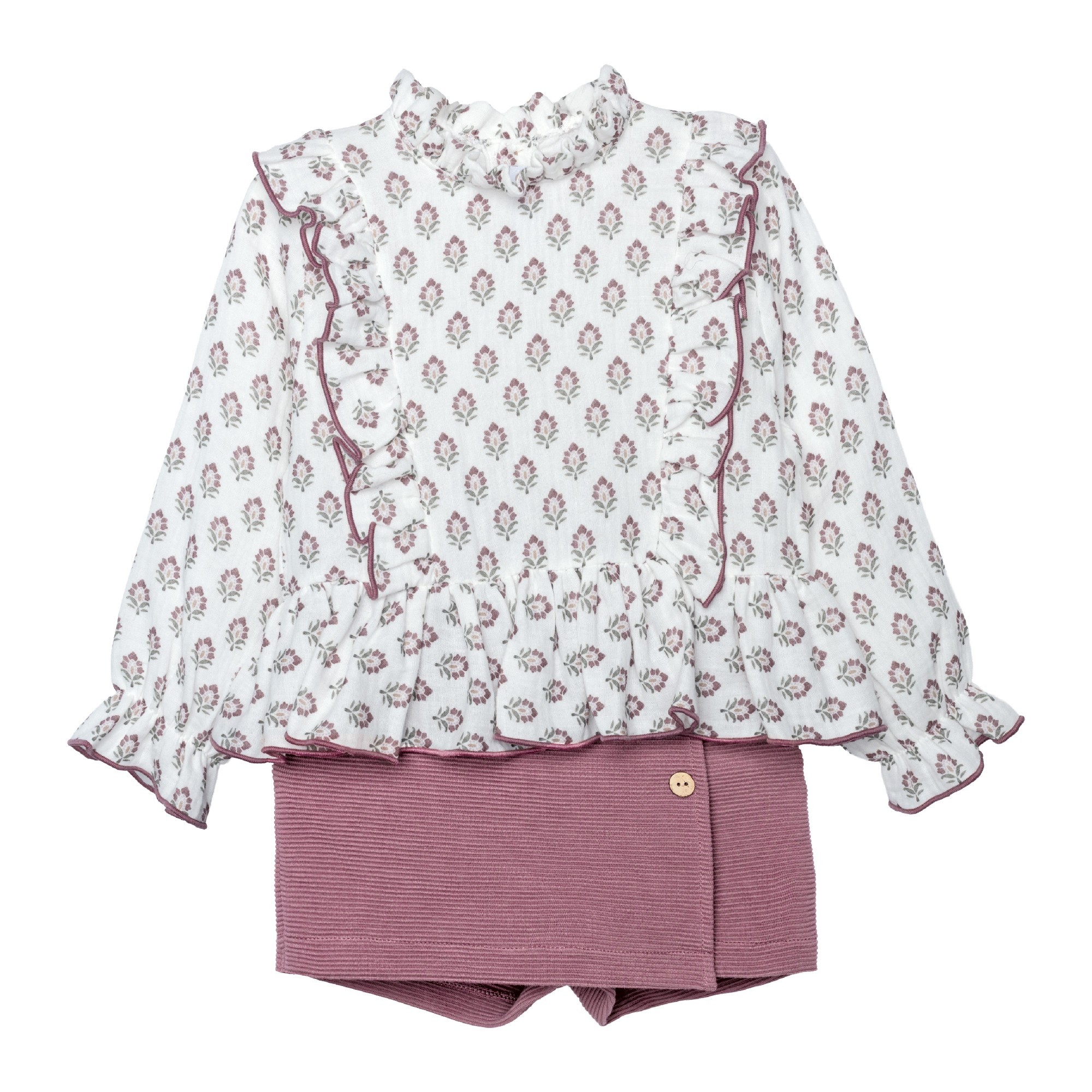 Conjunto falda pantalon nina Calamaro Meira blusa blanca estampada flores granates malvas cuello alto volantes pecho ribeteados falda pantalon punto canale malva rosa boton madera