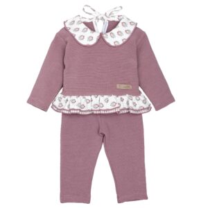 Conjunto bebe Calamaro Meira punto acanalado rosa empolvado blusa cuello bebe volante estampado floral granate blanco polaina 1 mes