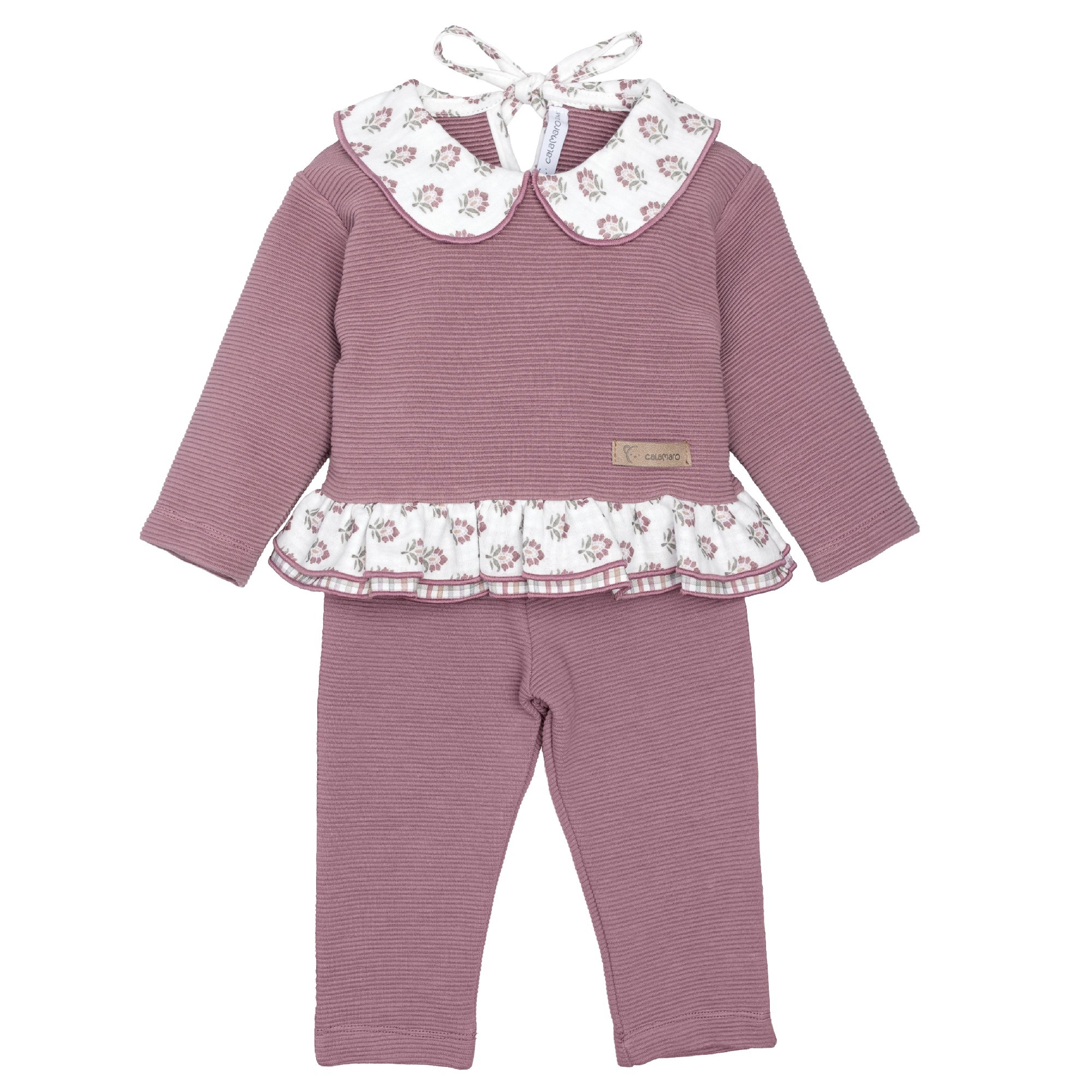 Conjunto bebe Calamaro Meira punto acanalado rosa empolvado blusa cuello bebe volante estampado floral granate blanco polaina 1 mes