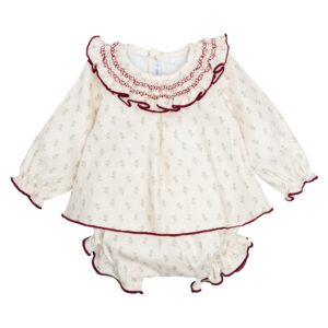 Conjunto pololo bebe Calamaro Cangas blusa blanca rota estampado ramitas verdes rojizas cuello volante fruncido bordado smock granate ribetes granates pololo a juego 3 meses