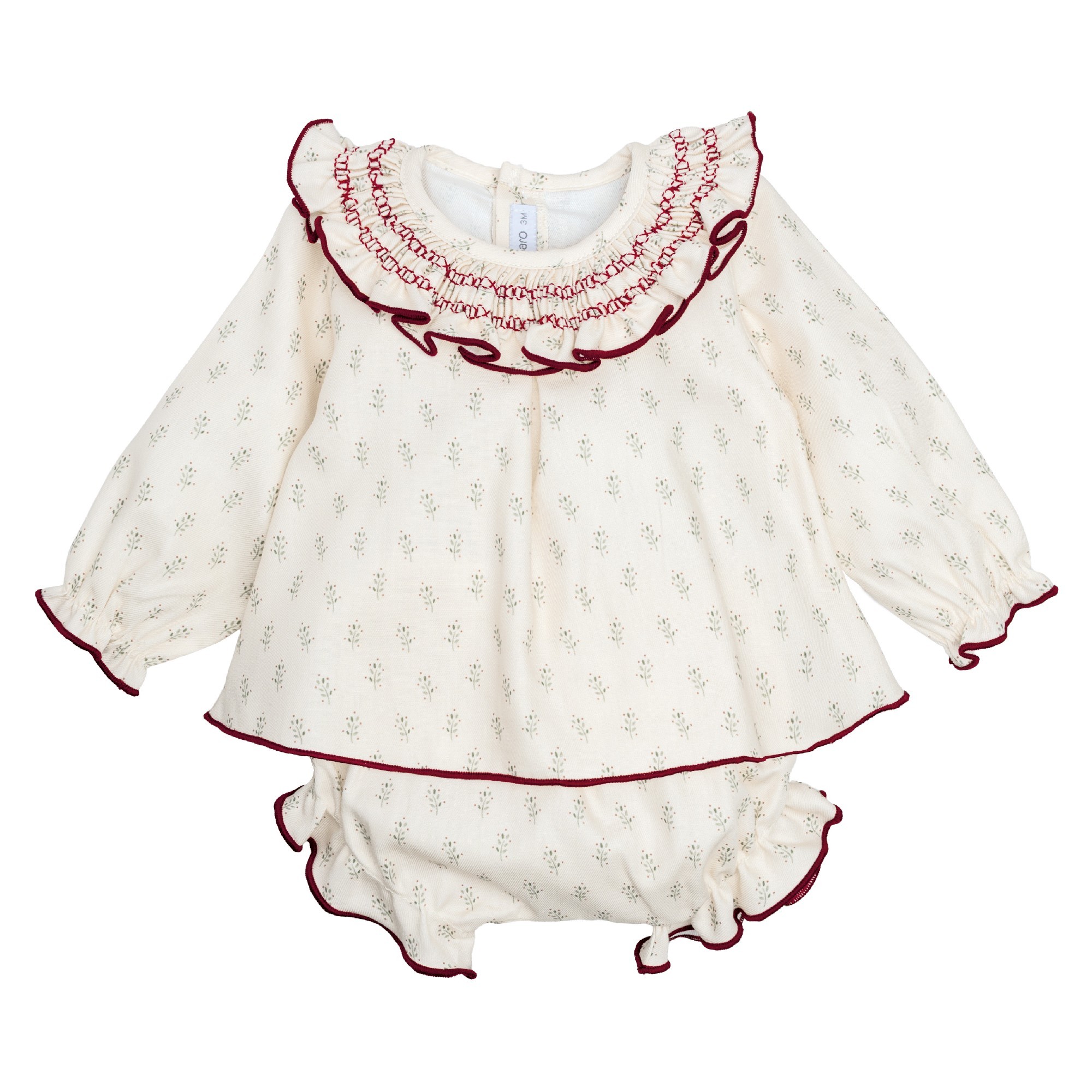 Conjunto pololo bebe Calamaro Cangas blusa blanca rota estampado ramitas verdes rojizas cuello volante fruncido bordado smock granate ribetes granates pololo a juego 3 meses