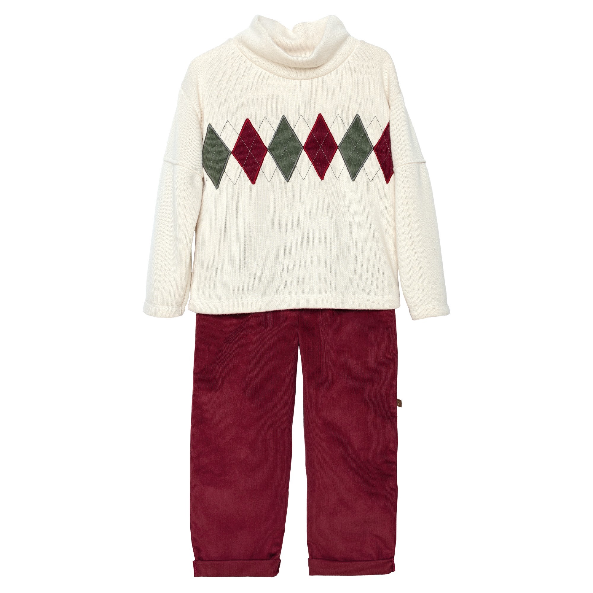 Conjunto nino Calamaro Cangas jersey punto cuello alto blanco roto crema estampado rombos argyle granate verde oscuro pantalon pana fina granate intenso